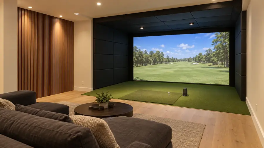 Golf simulator bay surrounded by padded faux leather wall panels