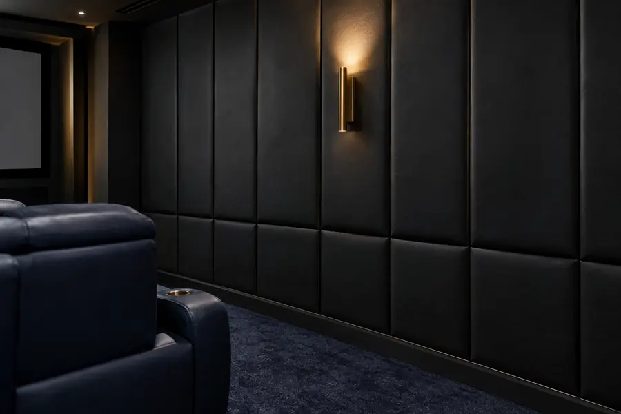 Home theater side wall clad in black padded faux leather panels with a warm sconce